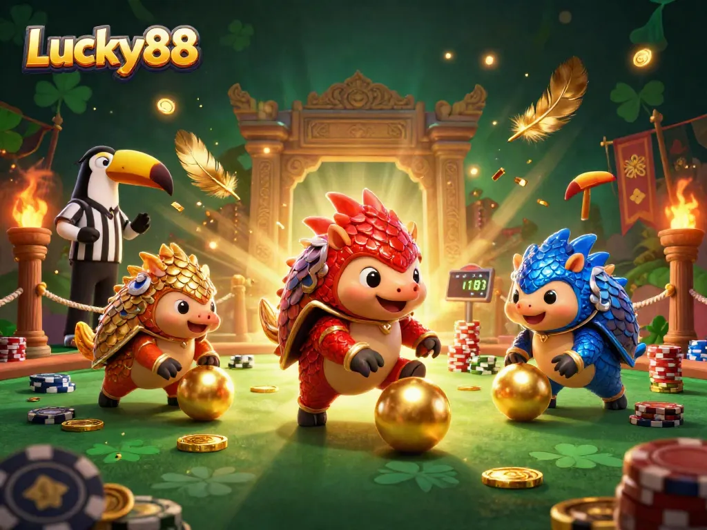 Experience thrilling gameplay at Lucky88 with rival pangolins competing in a colorful casino setting.