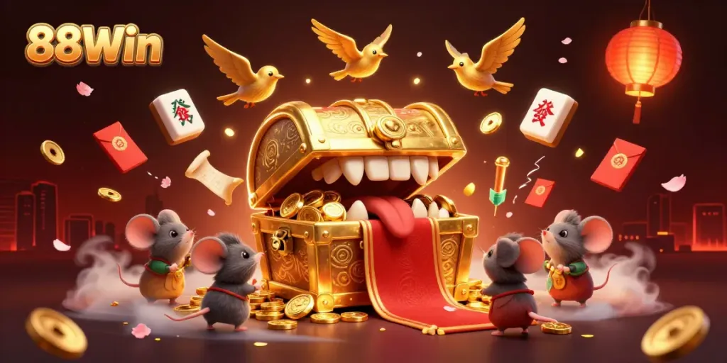 A dynamic scene illustrating 88Win with a golden treasure chest, lively casino elements, and enchanting decorations.