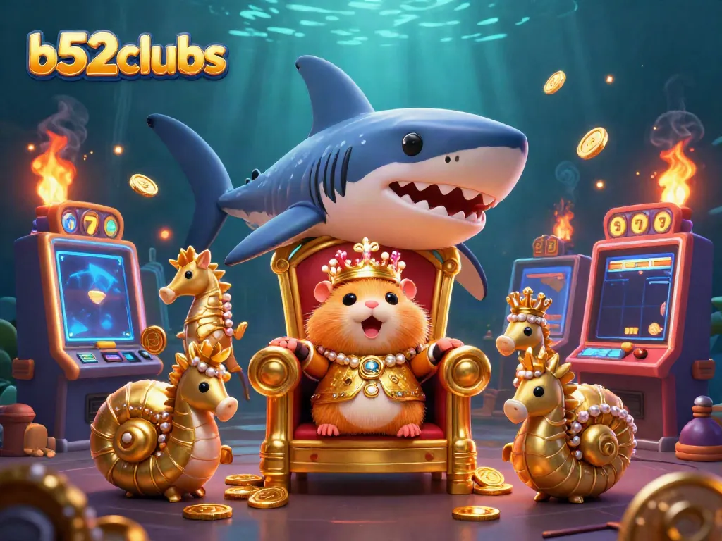 Engage in winning strategies at b52clubs with a dynamic scene featuring a golden hamster king and casino elements.