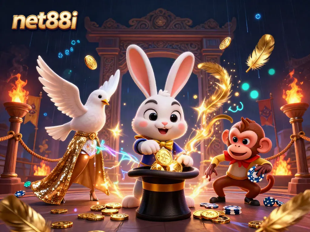 Experience the magic of net88i as a rabbit conjures coins amidst a vibrant casino scene.