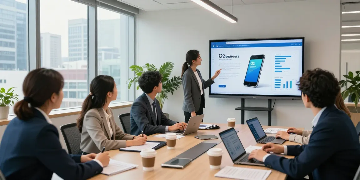 Team discussing O2 business mobile phone deals in a modern office setting, showcasing collaboration and technology.