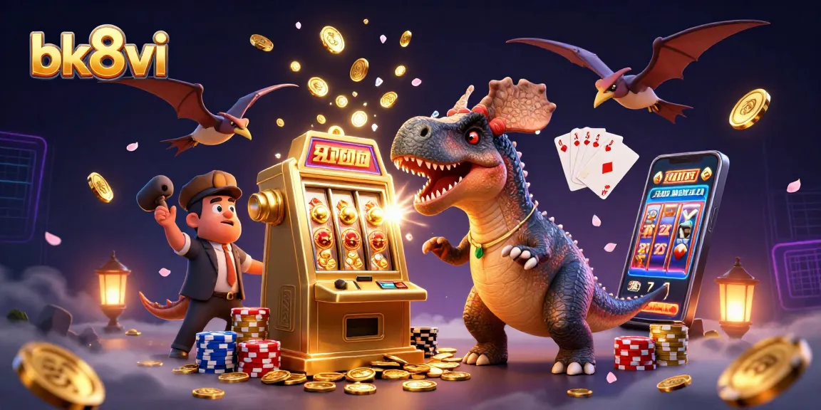 Engaging bk8vi gambling scene with a dinosaur celebrating a slot jackpot, coins flying everywhere.