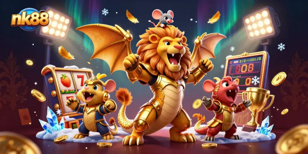 Engage in exhilarating gaming at nk88 with dynamic slots, golden trophies, and a vibrant casino atmosphere.