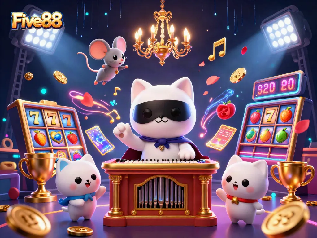 Experience big wins with Five88, featuring a whimsical casino scene with characters and slot game elements.