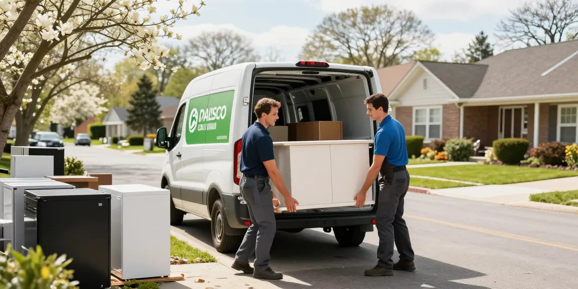 Efficient house clearance services with professionals lifting furniture in a sunny neighborhood.