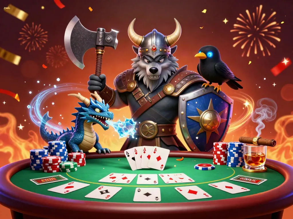 Engage players with the vibrant zowin casino scene featuring a Viking wolf warrior, dragon, and poker elements.