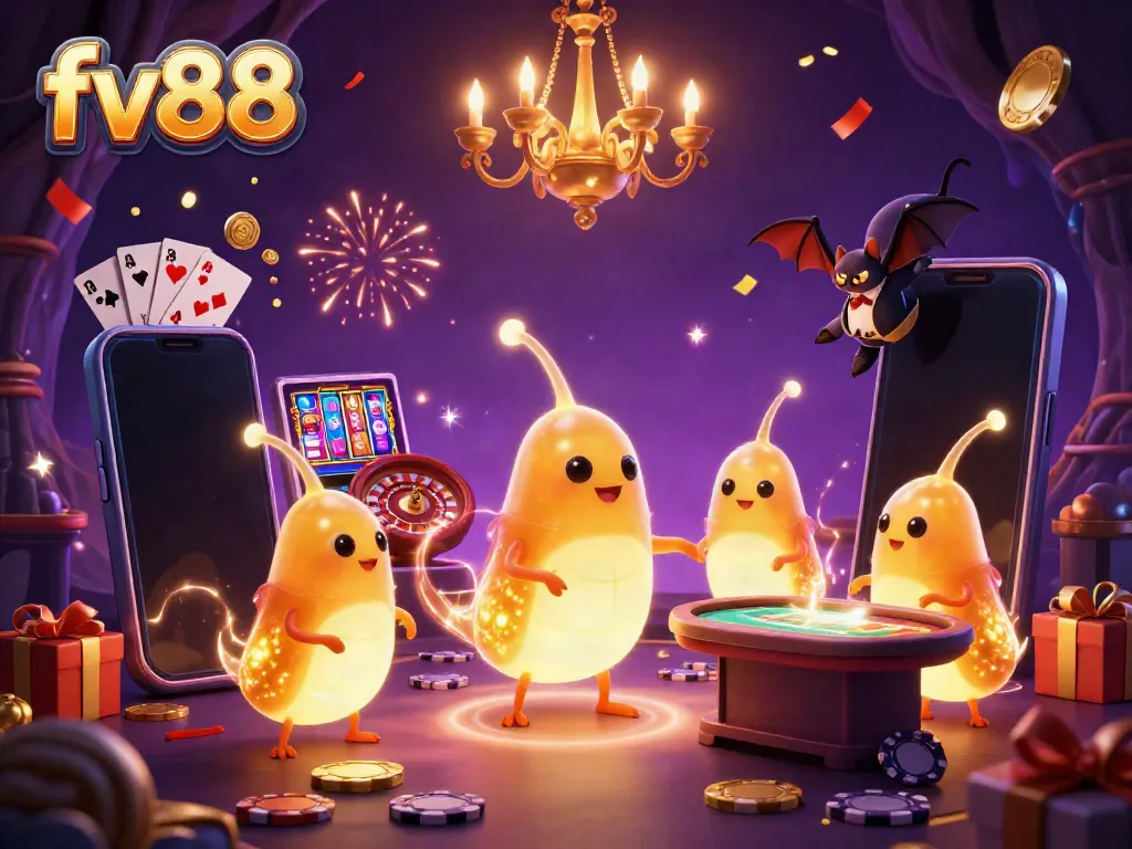 Experience the vibrant world of fv88's cave casino with glowing glowworms and a bat dealer amidst casino elements.