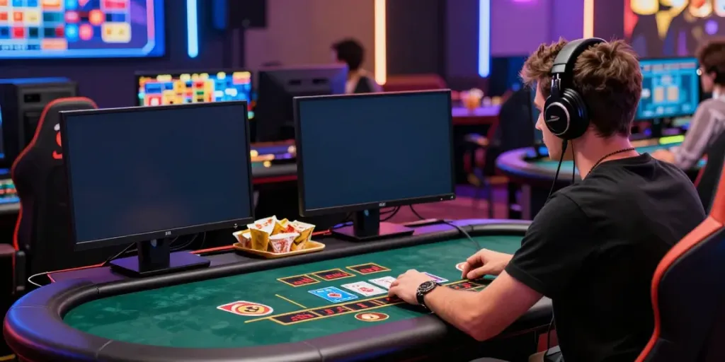 Player enjoying casino not on gamstop experience at home with vibrant environment and multiple gaming screens.