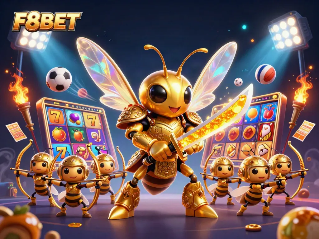 Experience F8BET with dynamic 3D cartoon visuals showcasing vibrant slot reels, a majestic golden hornet, and engaging game elements.