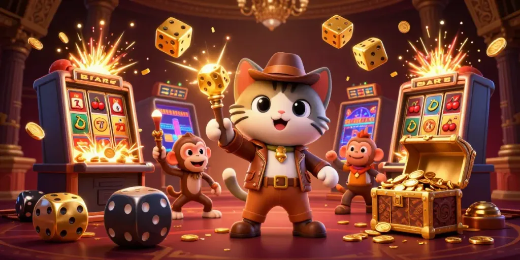 Engage with kèo nhà cái as the explorer cat finds a golden artifact in a dynamic casino-themed temple.
