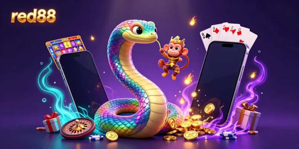 Experience the excitement of red88 with a vibrant casino scene featuring a serpent and monkey king.