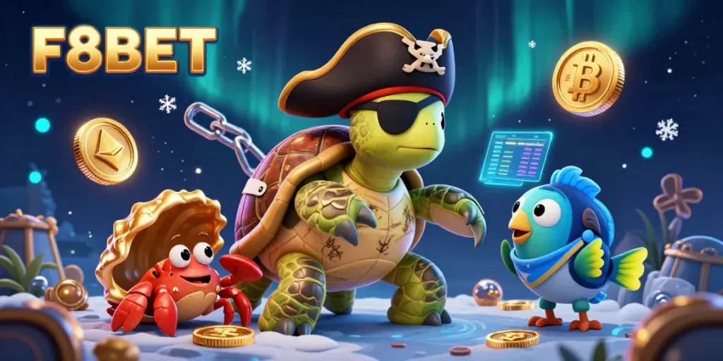 Experience thrilling adventures with F8BET's pirate turtle and friends amidst glowing treasures and crypto symbols.