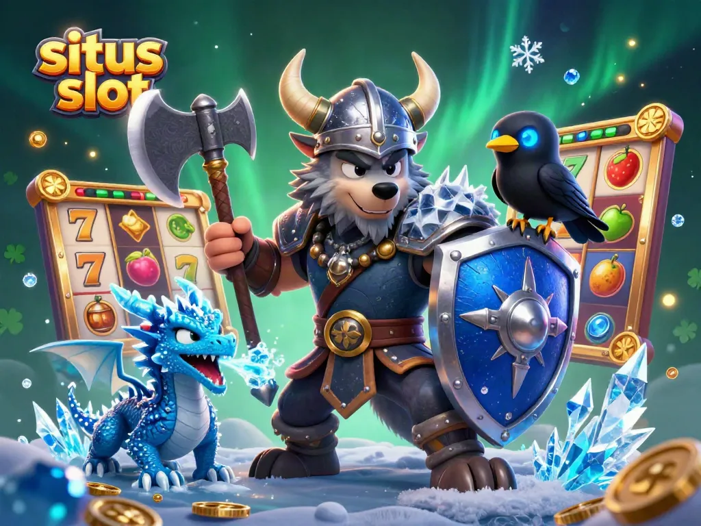 Situs slot illustration featuring a Viking wolf warrior, fierce dragon, and glowing raven amidst colorful slot elements.