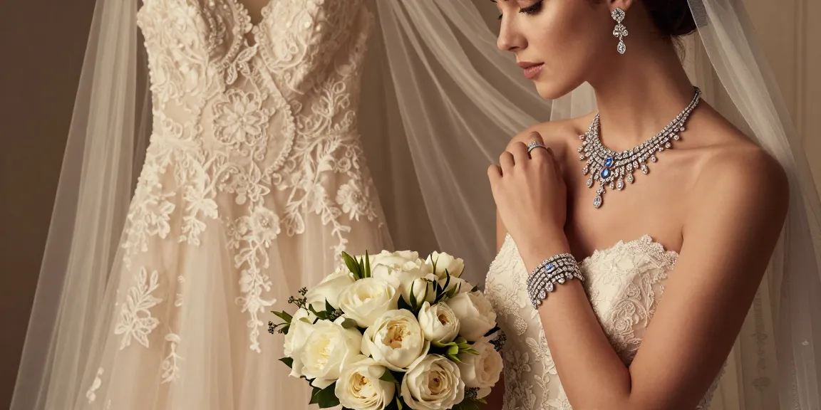 Exquisite high jewelry bridal collection showcased on a bride in elegant gown with diamond accessories.