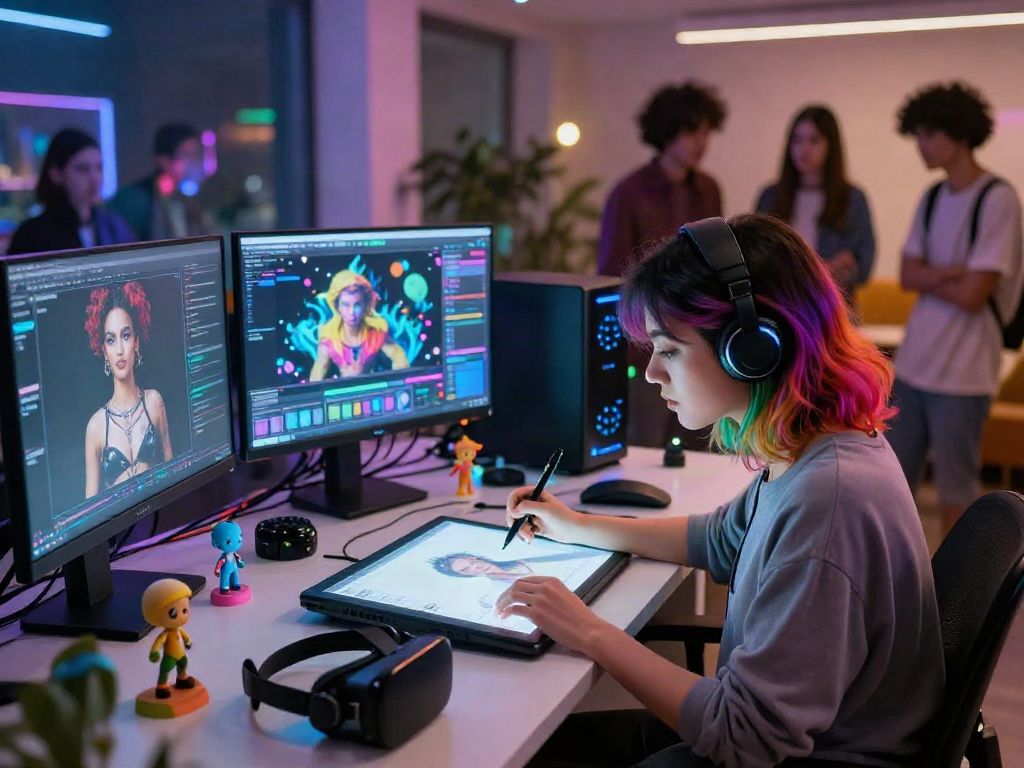 AI artist creating NSFW AI art in a futuristic workspace, showcasing vibrant digital elements and tools.