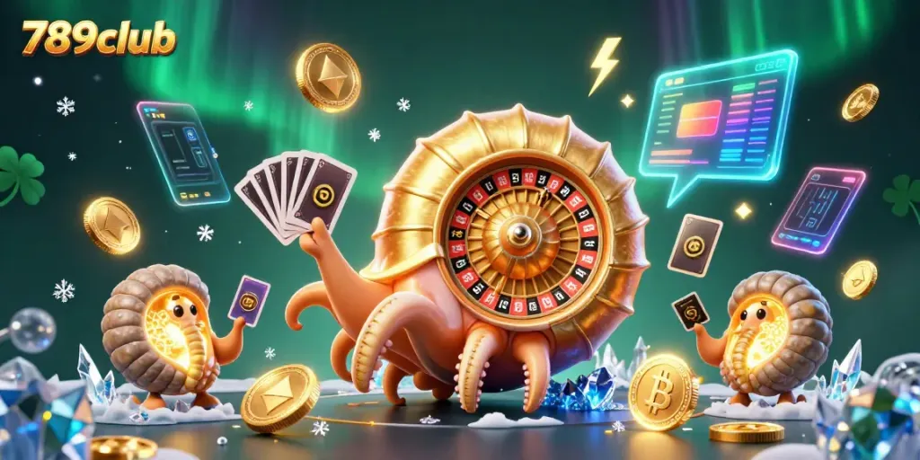 Engage with thrilling gameplay at 789club featuring a giant nautilus roulette and glowing crypto coins.
