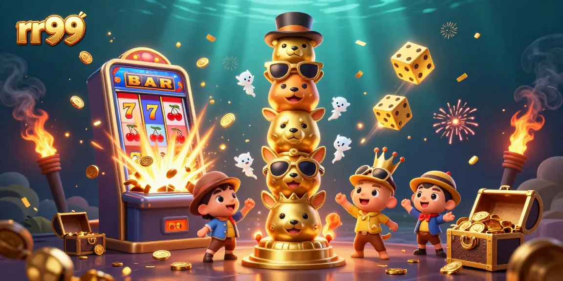 Experience the excitement of rr99 with a vibrant 3D casino scene filled with slot machines and winning symbols.
