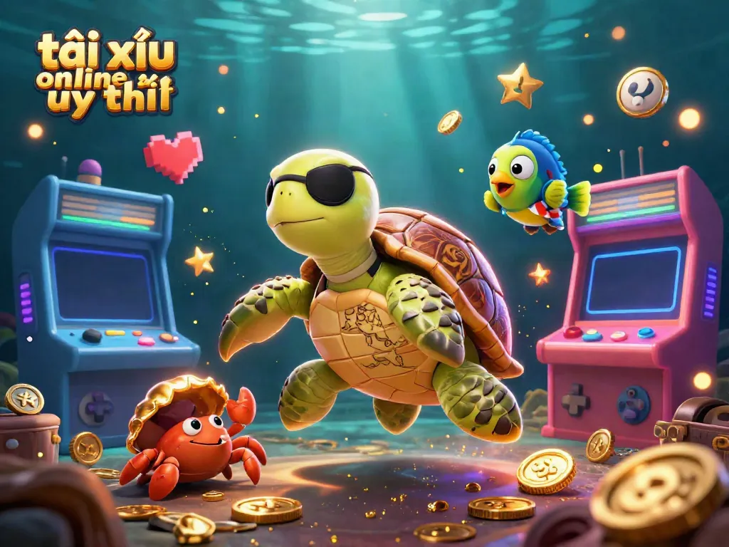 Tài xỉu online uy tín 3D illustration featuring a pirate turtle, hermit crab, and parrotfish above treasure with arcade elements.