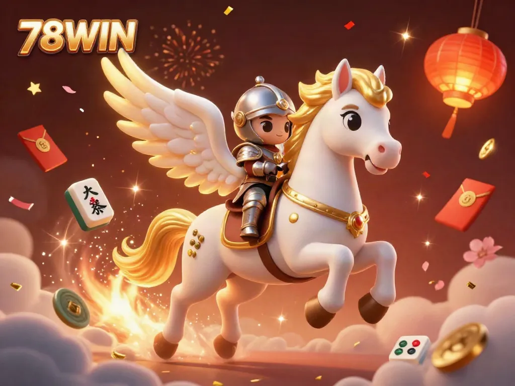 Experience the thrill of 78WIN with a celestial horse and knight in a dynamic, festive gambling scene.