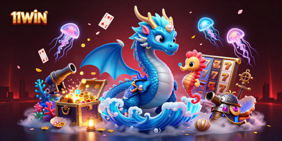 Experience thrilling gameplay with 11WIN's vibrant casino scene featuring a water dragon and treasure.