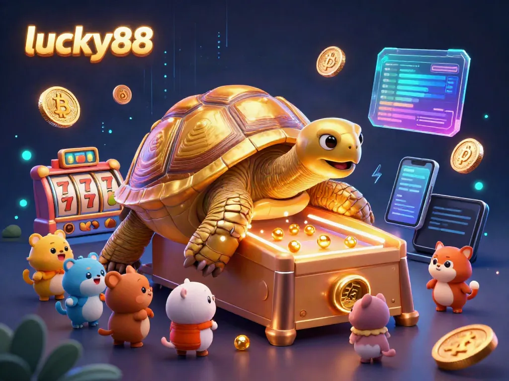 Engage in exciting gameplay with lucky88's vibrant slot machine scene featuring a colossal golden tortoise.
