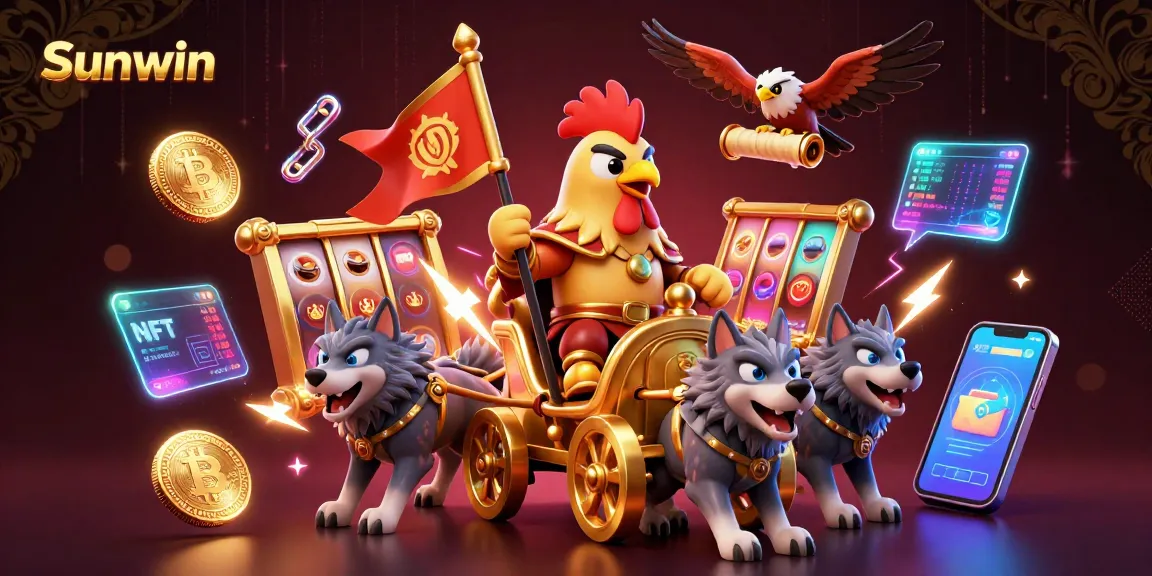 Experience the excitement of Sunwin with a creative 3D illustration featuring dynamic characters and gambling elements.