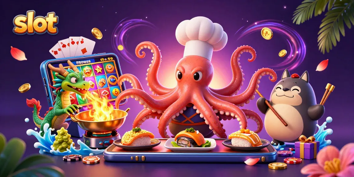 Spin vibrant slot games with an octopus chef, dragon, and tanuki in an energetic casino scene.