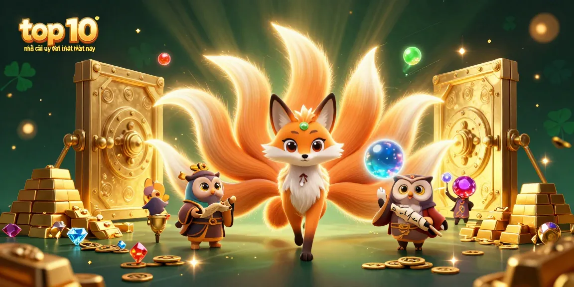 Experience the top 10 nhà cái uy tín nhất hiện nay with vibrant casino-themed artwork featuring a mystical fox and wise owl.