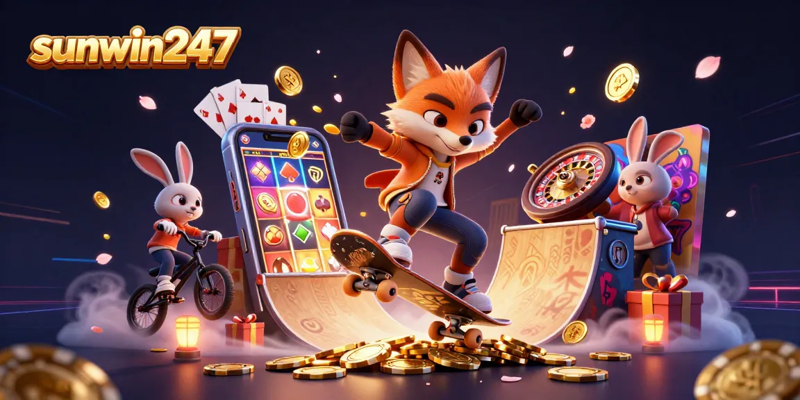 Experience exhilarating gameplay with sunwin247, featuring a skateboarder fox and bunny amidst vibrant casino elements.
