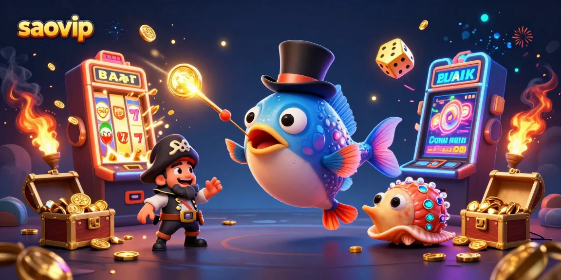 Spin the reels at saovip with an exciting 3D illustration featuring vibrant casino elements and charming characters.