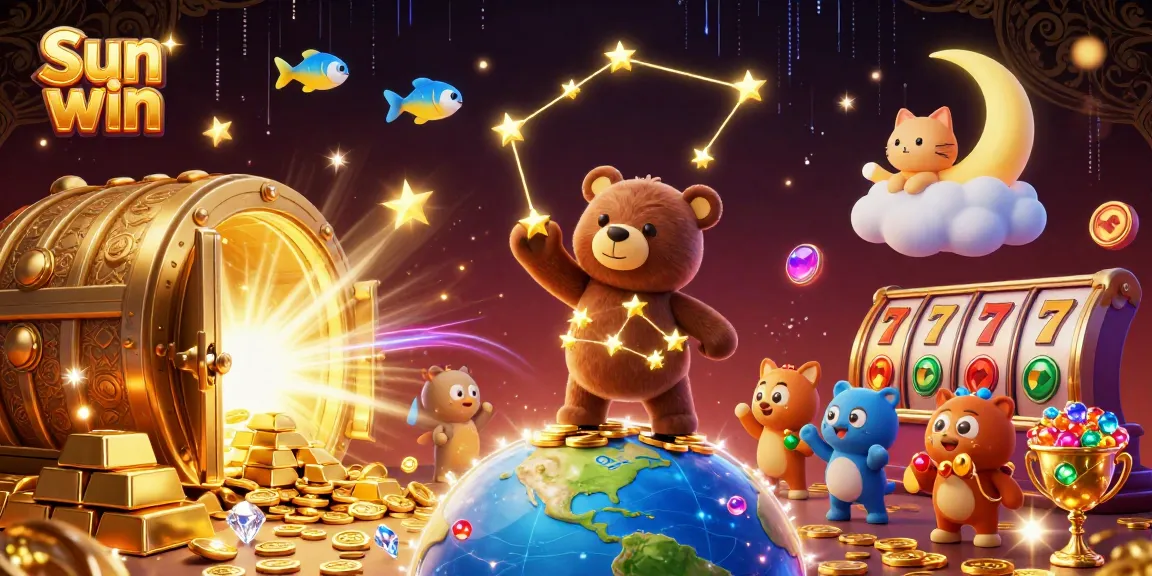 Spin the reels with Sun win in this vibrant, cartoon-style casino scene filled with treasures.