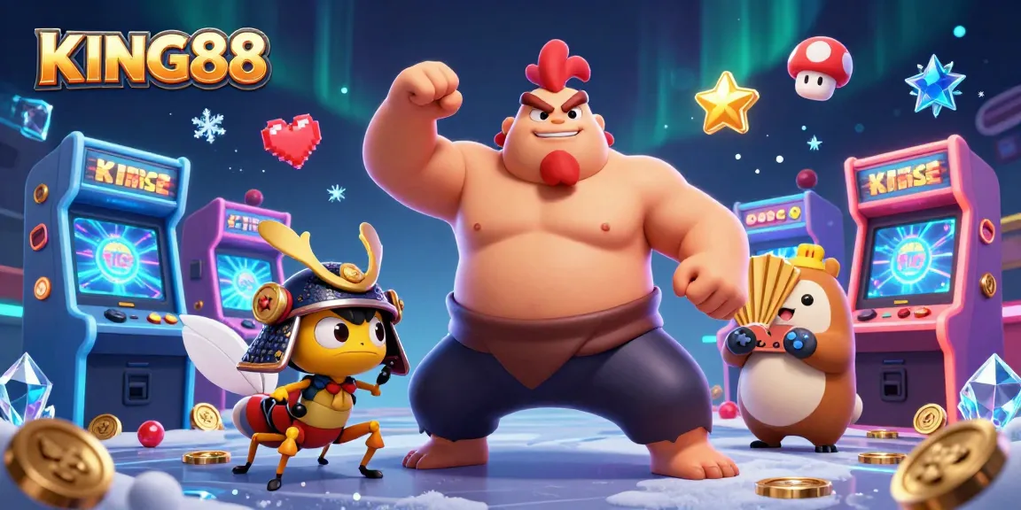 Engage with KING88's thrilling gaming scene featuring sumo wrestler and samurai cricket in a vibrant casino.