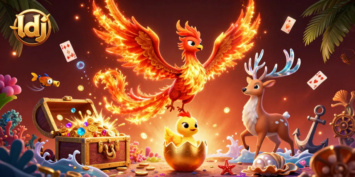 ldj elevates online gaming with vibrant golden phoenix characters amidst treasure and casino elements.