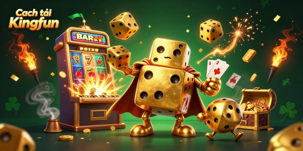 Engage in Cách tải Kingfun with a vibrant scene showcasing golden dice, slot machine, and casino elements.