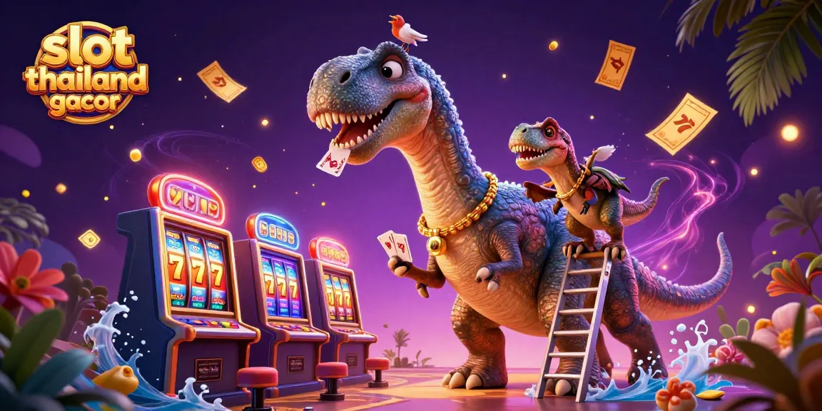 Experience the excitement of slot thailand gacor with a brontosaurus and raptor in a vibrant casino scene.