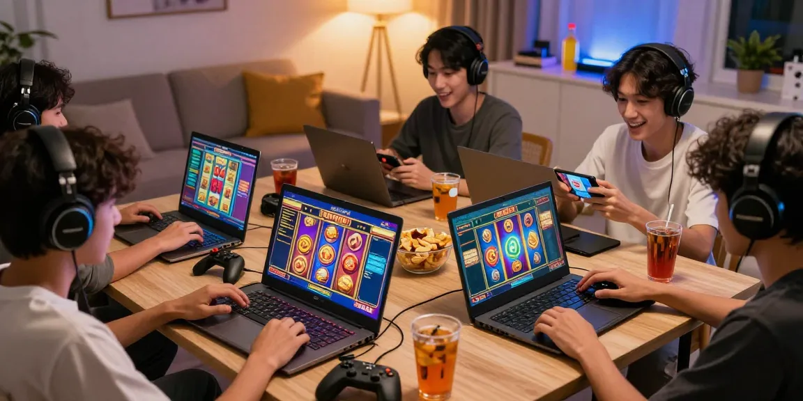 Exciting gaming scene showcasing players using a situs slot deposit 10 ribu on laptops and smartphones, with colorful slot game graphics.