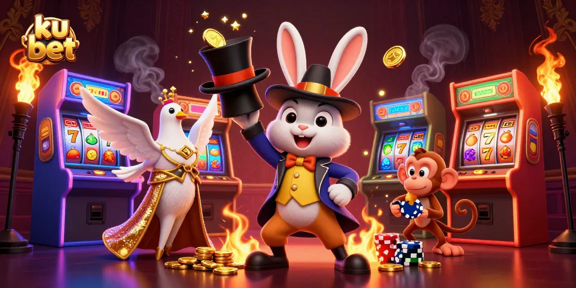 Experience the excitement of ku bet with a vibrant casino scene featuring a magician rabbit, dove, and monkey.