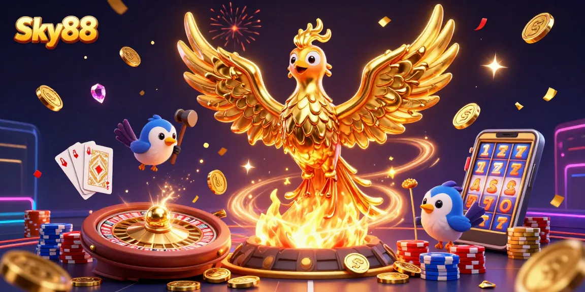 Experience thrilling wins at Sky88 with a vibrant 3D illustration of gold and casino games.