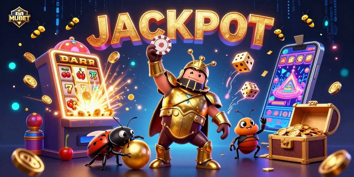 Experience the MUBET excitement with a victorious hercules beetle in a vibrant casino scene.
