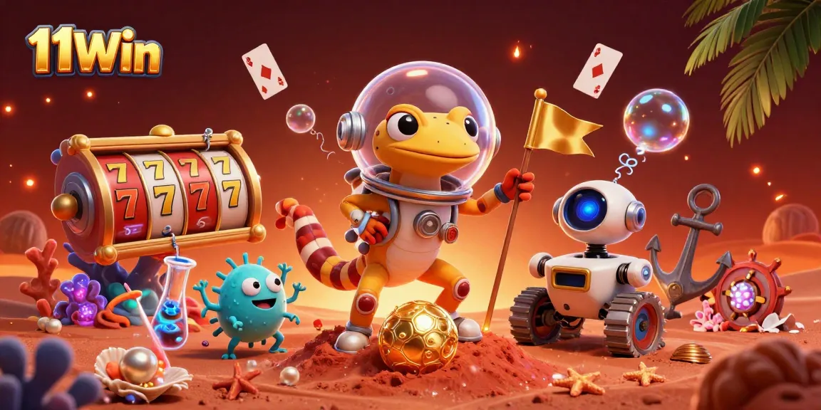 Engage with 11Win's vibrant Martian casino adventure, showcasing golden slots and lively characters.