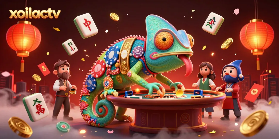 Xoilactv transforms sports betting with a vibrant illustration of a chameleon casino owner among lively gambling elements.