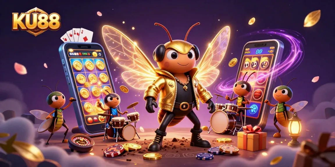 Experience the thrill of KU88 with a vivid casino scene featuring a rock star cicada and game elements.