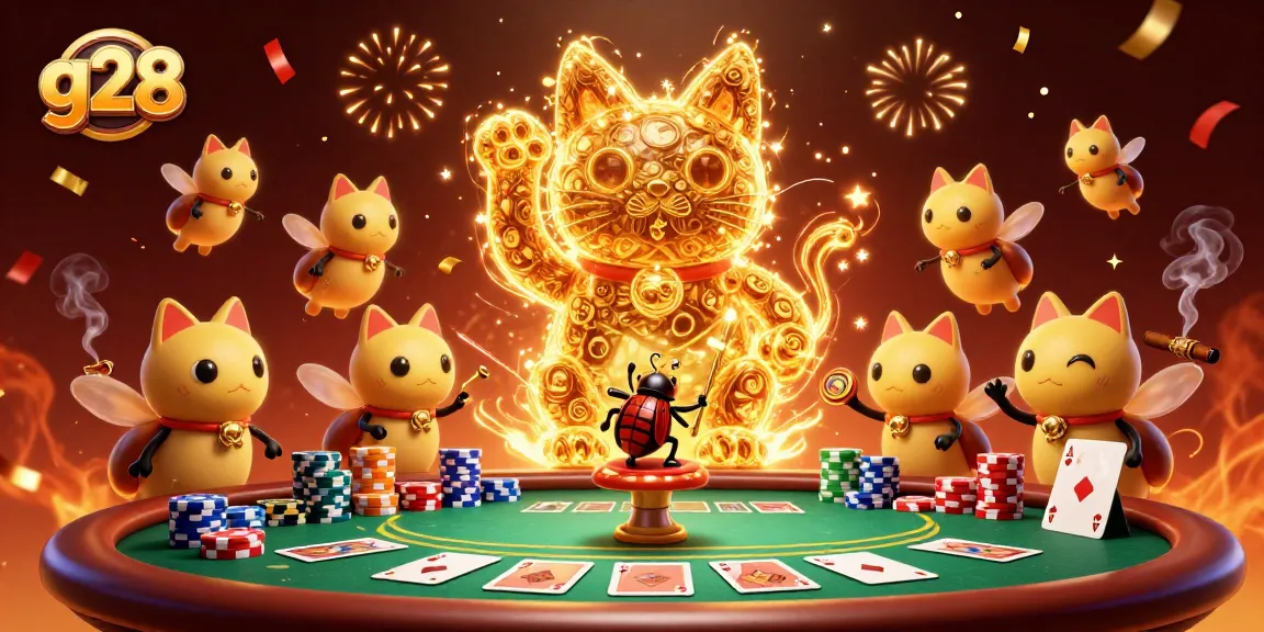 Experience g28 casino excitement with a lucky cat and vibrant poker scene.