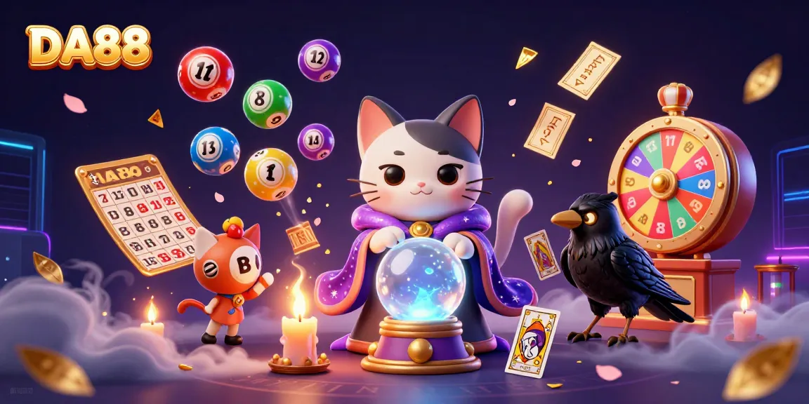 Engage with DA88 in a vibrant gambling scene filled with lottery balls and mystical characters.