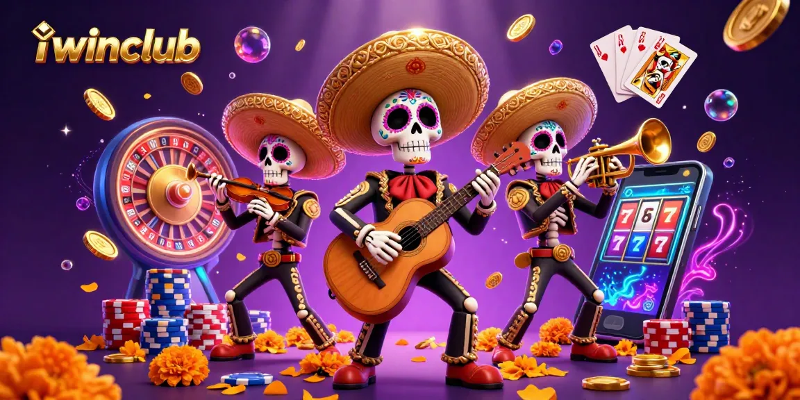 Iwinclub captivates players with vivid 3D mariachi skeletons amidst cascading coins and roulette wheels in a vivid casino scene.