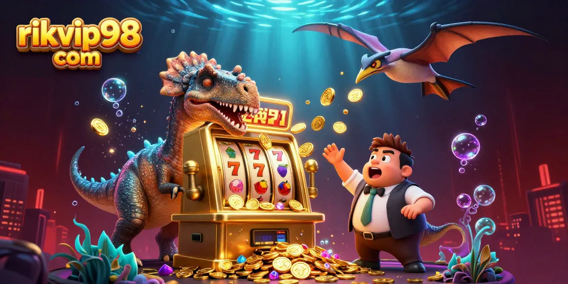 rikvip98 com shows a dinosaur winning big with a jackpot slot machine, surronded by golden coins and underwater treasures.
