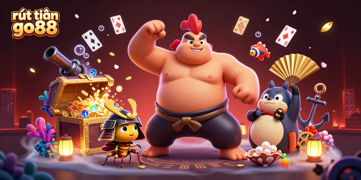 Experience rút tiền go88 with a vibrant sumo wrestler rooster and samurai cricket in an exciting casino scene.