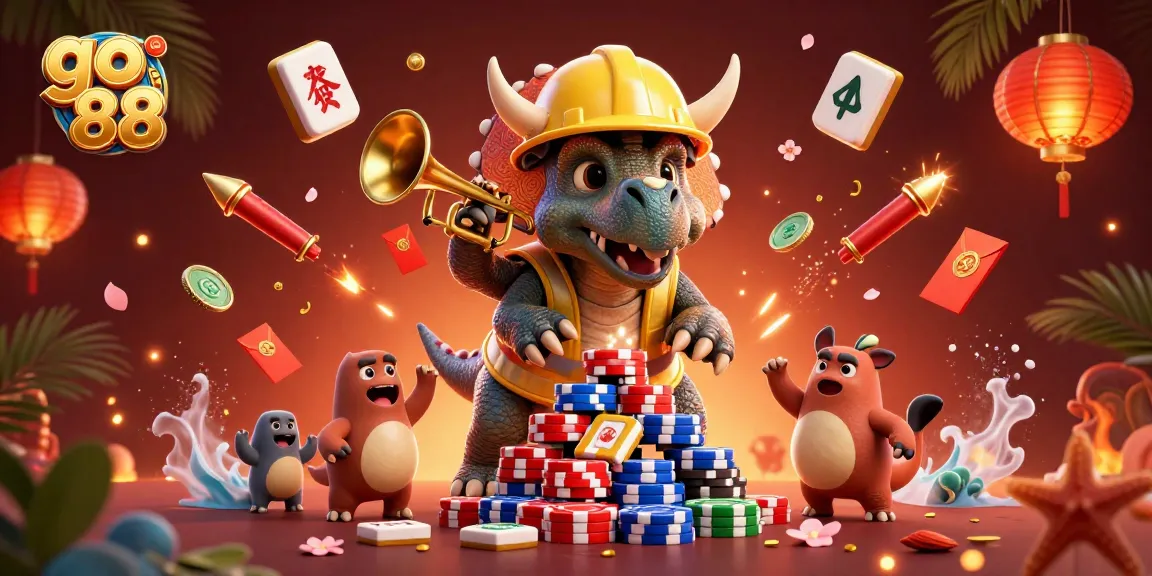 Experience excitement with go 88 as cartoon characters celebrate atop a pyramid of poker chips.