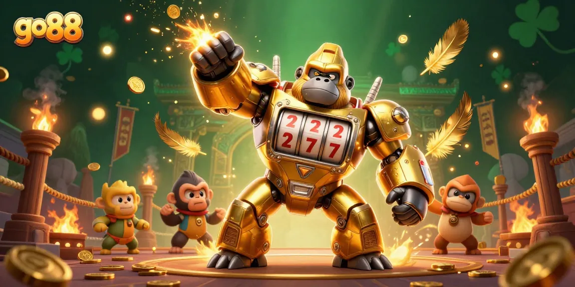 Engage with the excitement of go 88 while witnessing a 3D golden gorilla mech in action amidst coins and thrilling game elements.