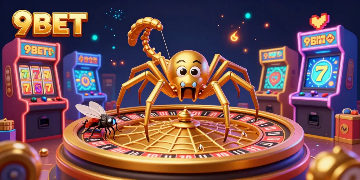 Experience the thrill of betting with 9BET as a golden spider spins a roulette wheel web filled with colorful game elements.